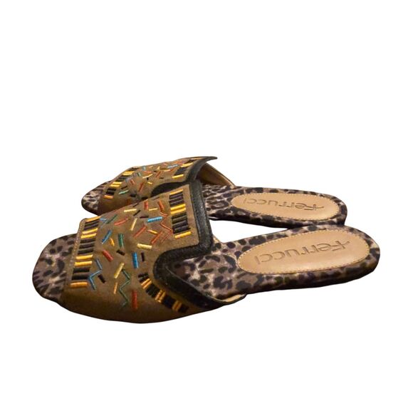 Ferrucci Leopard Embroidered Sandal US 7B Leather Suede Hand Made Maximalist - Picture 4 of 12